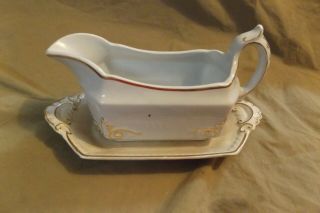 Antique Powell & Bishop Ironstone Gravy Boat W Tray Hand Painted Gold Accents