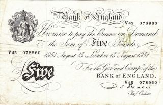 5 Pounds Fine Banknote From Bank Of England 1951 Pick - 344 Rare