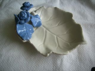 Moriyama Japan 1920 Hand Made Blue Flowers On White Leaf Soap Dish