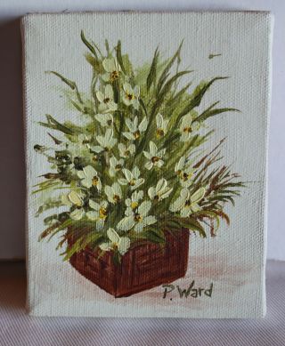 Small 4 " X5 " Oil Painting On Canvas White Flowers In Basket