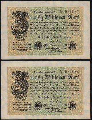 1923 20 Million Mark Germany Vintage Paper Money Banknote Currency Rare Pair Unc