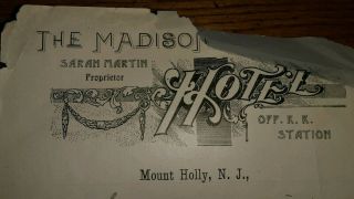 Antique stationary correspondence The Madison Hotel Mount Holly NJ RR Station 2