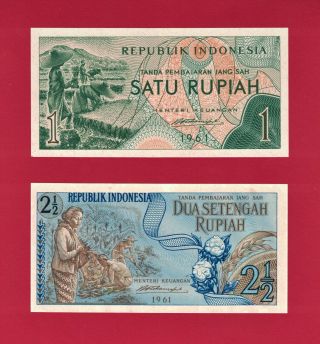 Rare Set Of 2 X 1961 Indonesia Unc Notes 1 Rupiah (p - 78) & 2 & 1/2 Rupiah (p - 79)