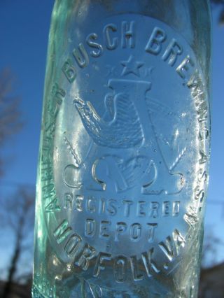 Rare 1908 Anheuser Busch Brewing Assn.  Norfolk Va.  Depot Beer Bottle Applied Top