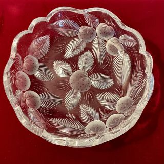 Rare Signed Hawkes Gravic American Brilliant Cut Glass 5” Bowl Strawberry Design