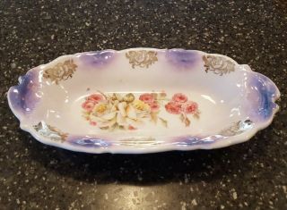 Antique Germany Purple Lustre Pink Roses Olive/relish Dish 8.  75 " X 4.  5 "