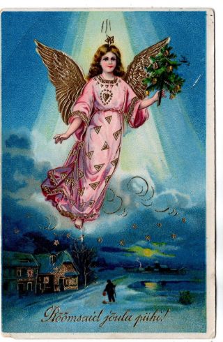 Early 1900 (1924) Embossed Gilded Angel Antique Postcard Christmas Estonia