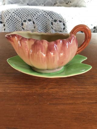 Rare Vintage Shorter And Son Water Lily Pad Flower Gravy Jug With Saucer 1940 