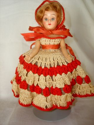 Vintage 7 1/2 " Hard Plastic Doll Red & White Crocheted Dress