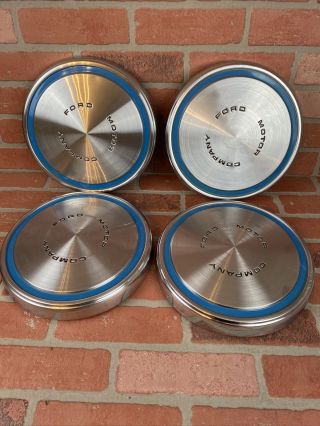 Rare Set Of 4.  1970s Ford Motor Company Blue Stripe Hubcaps 10 1/2 "