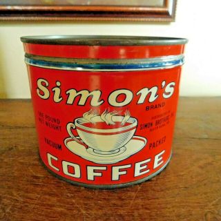VINTAGE SIMON ' S COFFEE TIN CAN / SIMON BROTHERS INC.  SOUTH BEND,  INDIANA RARE 2