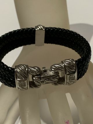 Rare Vintage Judith Ripka Cz Sterling Silver Braided Black Leather Bracelet