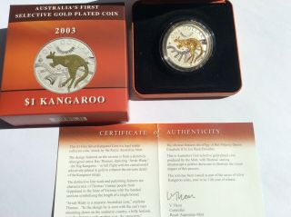 2003 $1 Selectively Gold Plated Silver Kangaroo 1oz 99.  9 Fine Silver Rare Gold