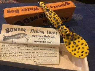 Vintage Bomber Fishing Lure & Papers Wooden Waterdog Yellow Coachdog