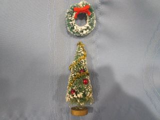 Vintage Dollhouse Miniature Christmas Tree,  Wreath Bottle Brush W/ Snow 4 1/2 "