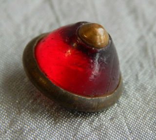 Antique Waistcoat Button Red Glass Cabochon With Brass Center Aprx:7/16 " 414 - E