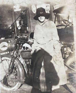 Harley Davidson Motorcycle & Woman Owatonna Minnesota Antique Snapshot Photo