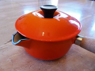 Rare Vintage Le Creuset 14 Flame Orange Enamel Sauce Pot Wood Handle & Lid Great
