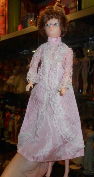 Vintage Barbie Clone Maddie Mod Pink Silver Glitter White Lace Dress