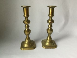 Antique Bee Hive Diamond English Brass Candle Sticks 1800s Push Up Pair