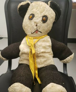 Vintage 21 Inch Black And White Teddy Bear.  Has A Bell Inside Its Ear.  No Tags