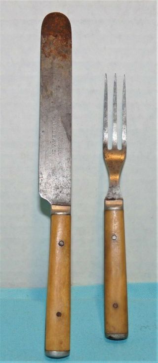 2 Antique Civil War Era Child Bone Handle 3 Tine Fork Dinner Knife No Hampton C
