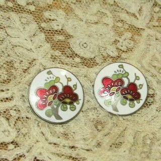 2 Vintage Buttons Cloisonne Floral Enamel Old Antique Sewing Button