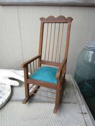 Vintage Wood Wooden Doll 10 " Tall Rocking Chair W/ Blue Velvet Seat