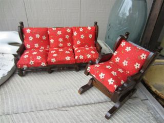 Vintage Dollhouse Doll Furniture Wooden Couch Chair W/ Flower Fabric Cushions