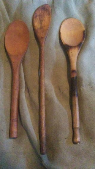3 Vintage Antique Primitive Wood Mixing Baking Spoons Kitchenware Utensils