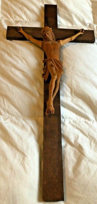 Rare Large Vintage Hand Carved Wood Wall Crucifix From Nuns Convent 23 "