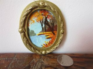 Vintage Artisan Dollhouse Miniature Landscape Oil Painting In Oval Wood Frame