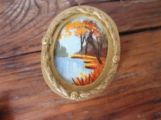 Vintage Artisan Dollhouse Miniature Landscape Oil Painting in Oval Wood Frame 3