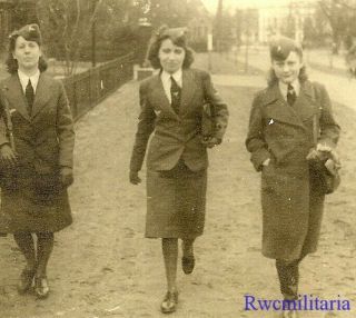 Rare Trio Female Luftwaffe Uniformed Blitzmädel Helferin Girls On Walk