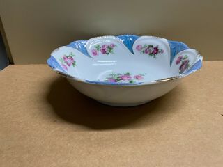 Antique/vintage Erphila Large Serving Bowl Blue/white With Roses - Germany