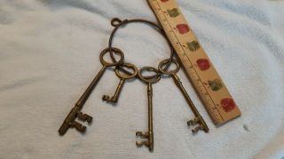 4 Vintage Antique Large Brass Skeleton Keys; 6 1/2 ",  5 " (×2),  3 ",  Trunk,  Jail?
