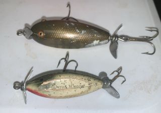 Vintage Unbranded 2 Wooden Injured Minnow Fishing Lures Glass Eyes 3” 2 1/2”