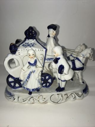 Vintage Porcelain Figurine Horse & Carriage Victorian Couple Cobalt Blue/white
