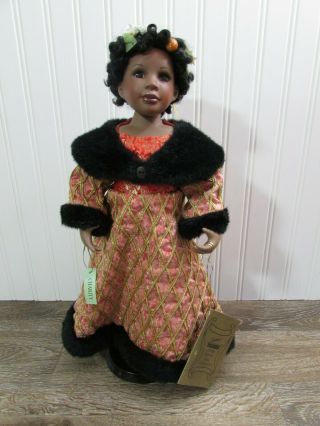 Seymour Mann Porcelain Doll,  African American Charity Doll 16 " With Stand