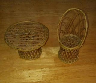 2 Pc Set Of Vintage Wicker Rattan Barbie Sized Doll Furniture Table Chair