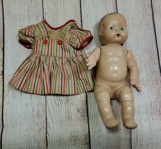 Vintage Possible 1950s Vinly Rubber Baby Doll 9 " Drink & Wet Dress Hand Painted