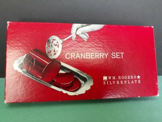 Vintage Wm Rogers Silverplate Cranberry Serving Set Tray & Spoon