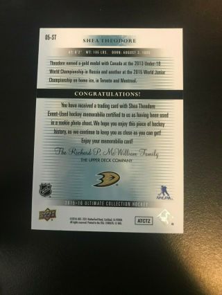 2015 - 16 Upper Deck Ultimate Shea Theodore Rookie Patch Gold 3 color /10 RARE 2