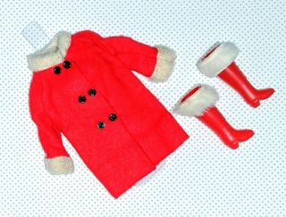 Barbie Clone Doll Outfit: Vintage Red Cloth White Faux Fur Coat Matching Boots