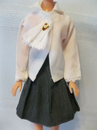 Vintage Barbie Clone White Blouse With Ruffle Pleated Grey Skirt