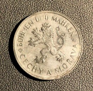 Aunc 1943 Bohemia And Moravia 1 Koruna Zinc Coin German Occupation Rare