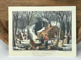 Vintage Currier And Ives Americana Art Print Maple Sugaring Early Spring