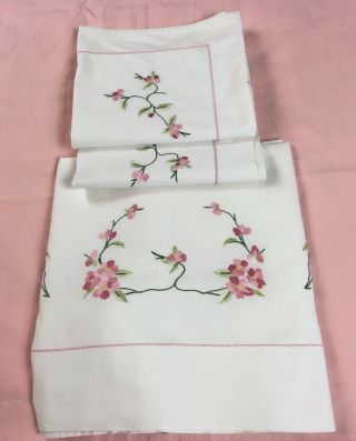 Unique French Vintage Sheet & Cases Embroidered Cherry Blossom 1950s 2 Of 3