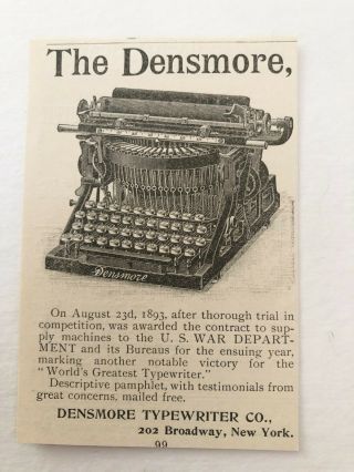 Antique The Densmore " Worlds Greatest Typewriter " Vtg Office Art Graphic Print Ad