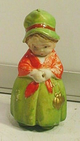 Vintage 3 1/4 " Japan Bisque Girl Nodder Doll Dressed In Green & Red